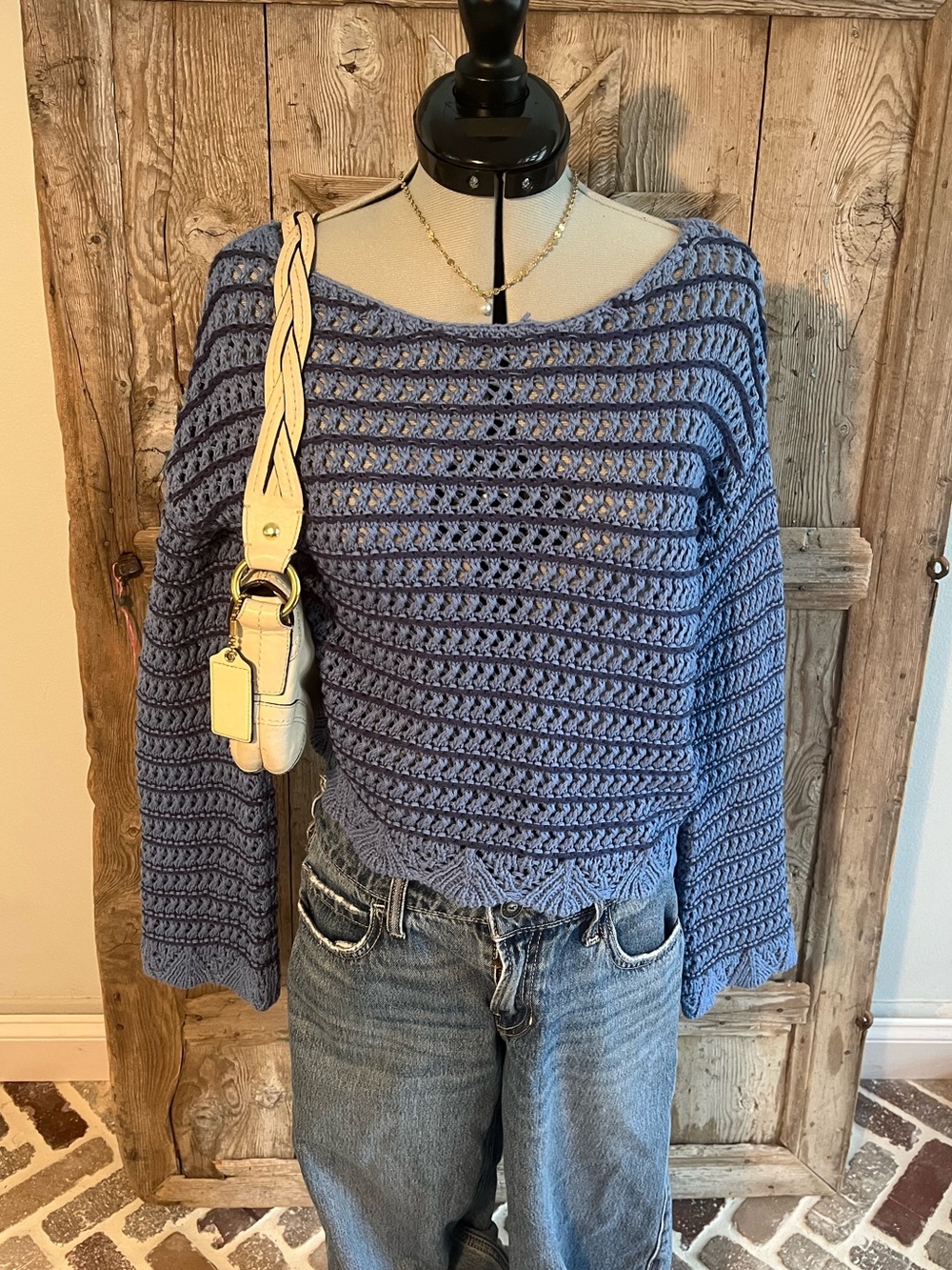 American Eagle Sheer Blue Crochet Cotton Knit Women's Sweater
